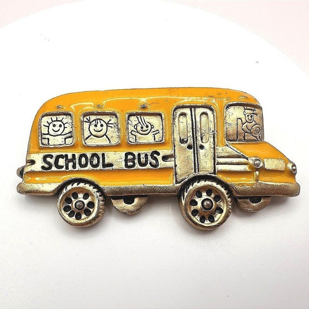Vintage Y2K School Bus Brooch Pin Yellow Enamel Gold Tone Classic Jewelry
